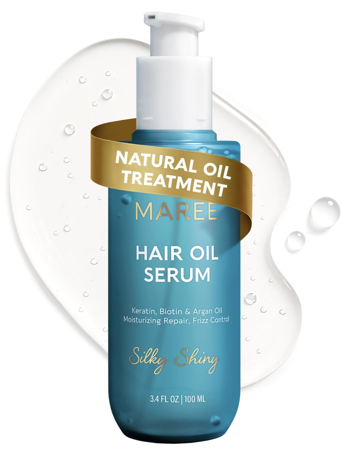 MAREE hair serum bottle shows argan-powered frizz control for shine