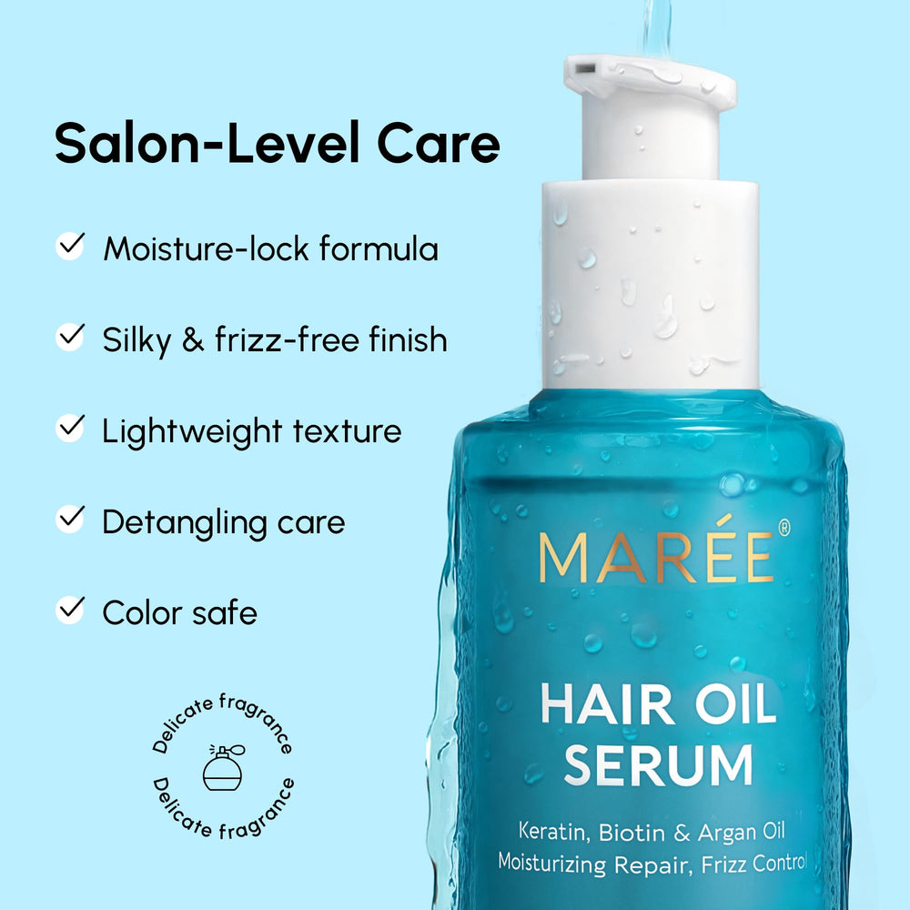 MAREE hair serum bottle demonstrates lightweight hydration for dry hair