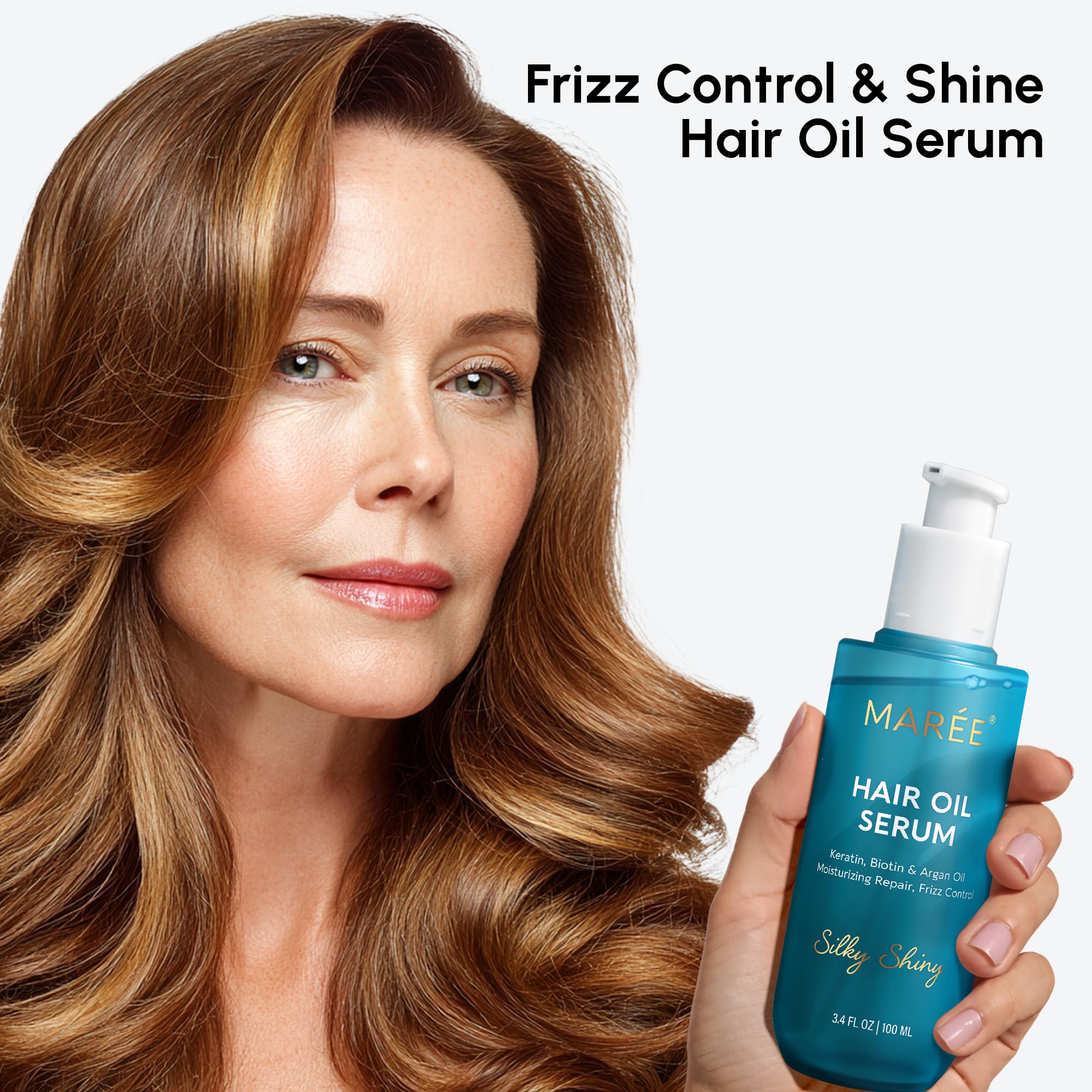 MAREE hair serum packaging close-up highlights premium formula for curly hair