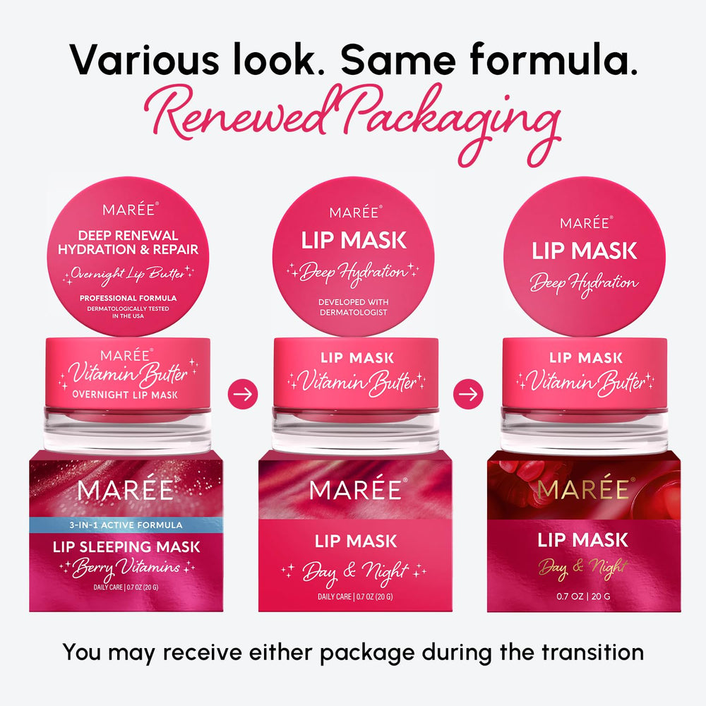 MAREE Lip Mask Overnight packaging box highlights premium lip care with nourishing ingredients.
