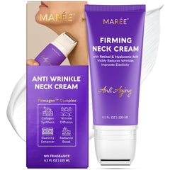 MAREE neck cream with roller application on neck for hydrating, smoothing skin.
