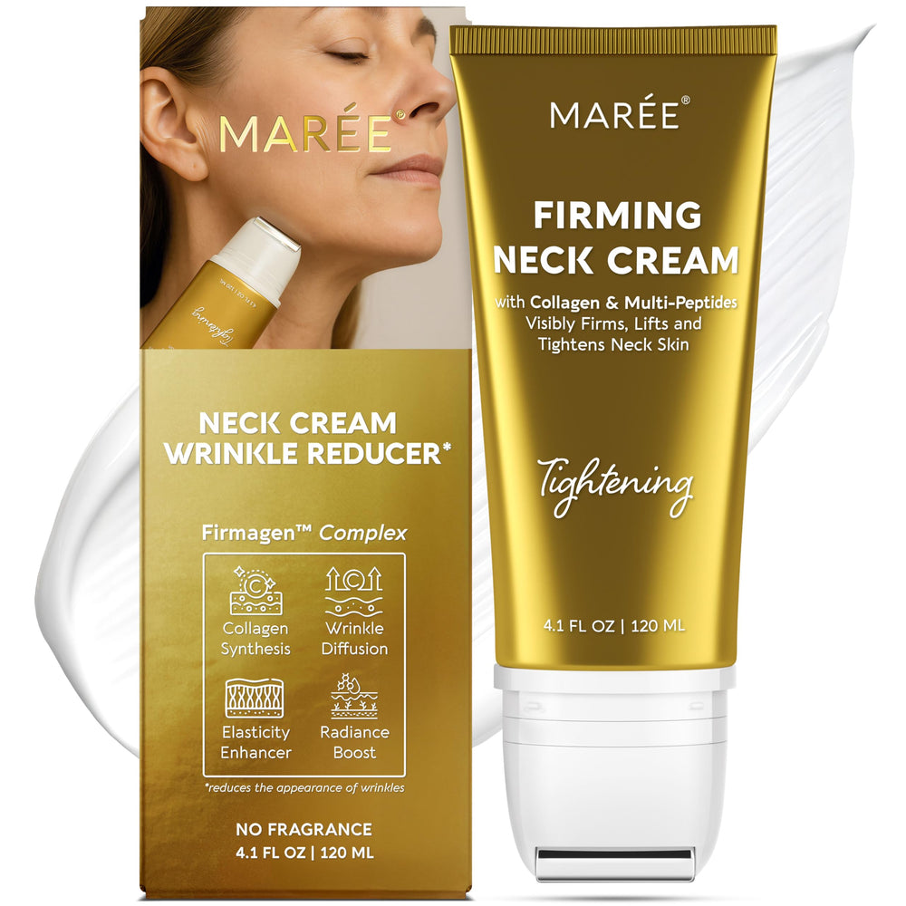 MAREE neck cream with roller applied to neck for a lifted, hydrated look.