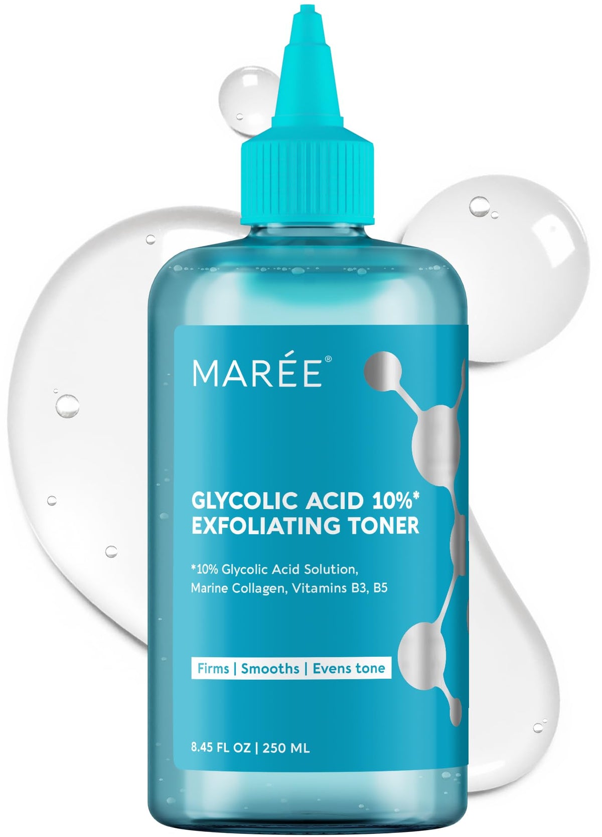 MAREE Glycolic Toner bottle pour shows brightening potential for radiant skin.