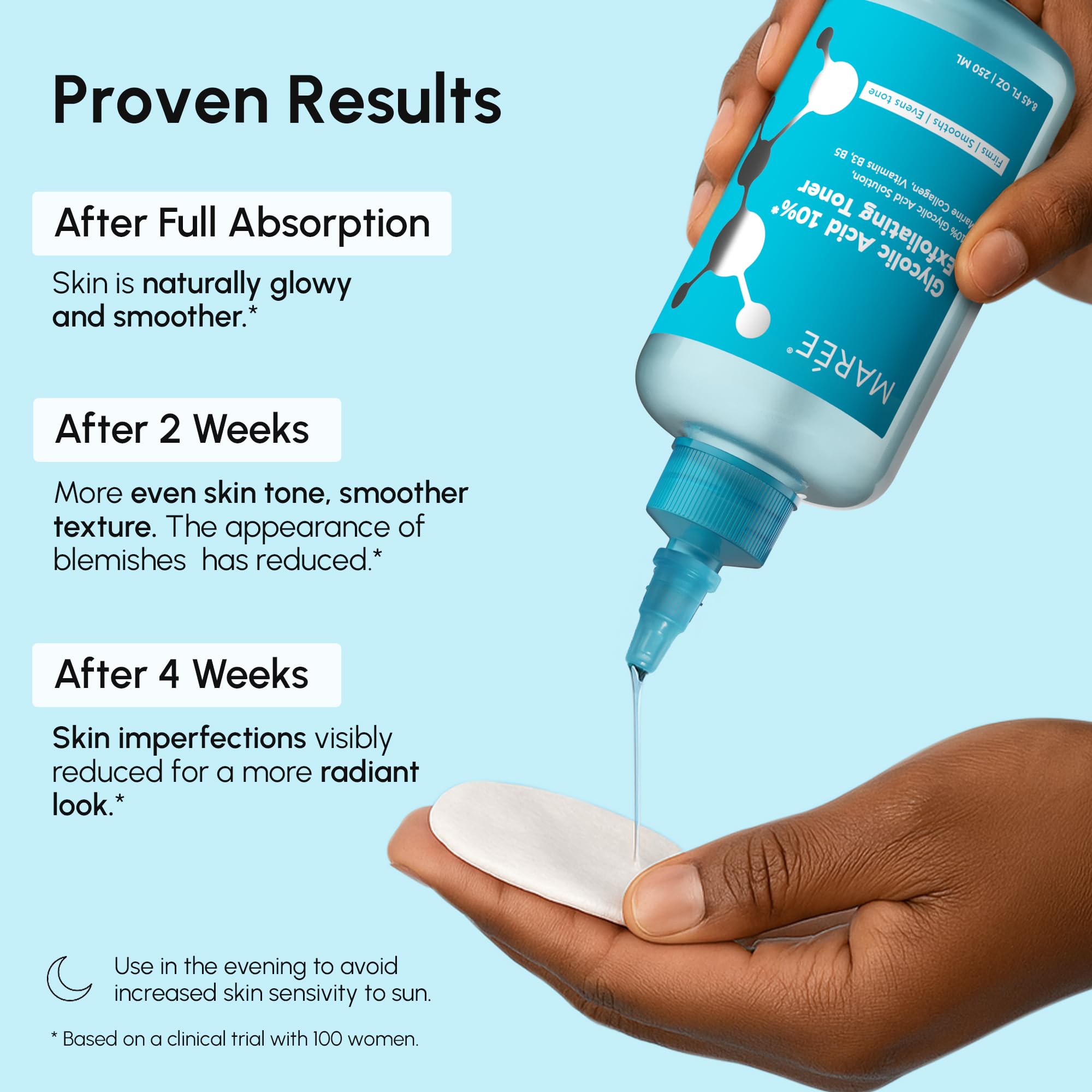 MAREE Glycolic Toner face application on skin indicates brightening potential.