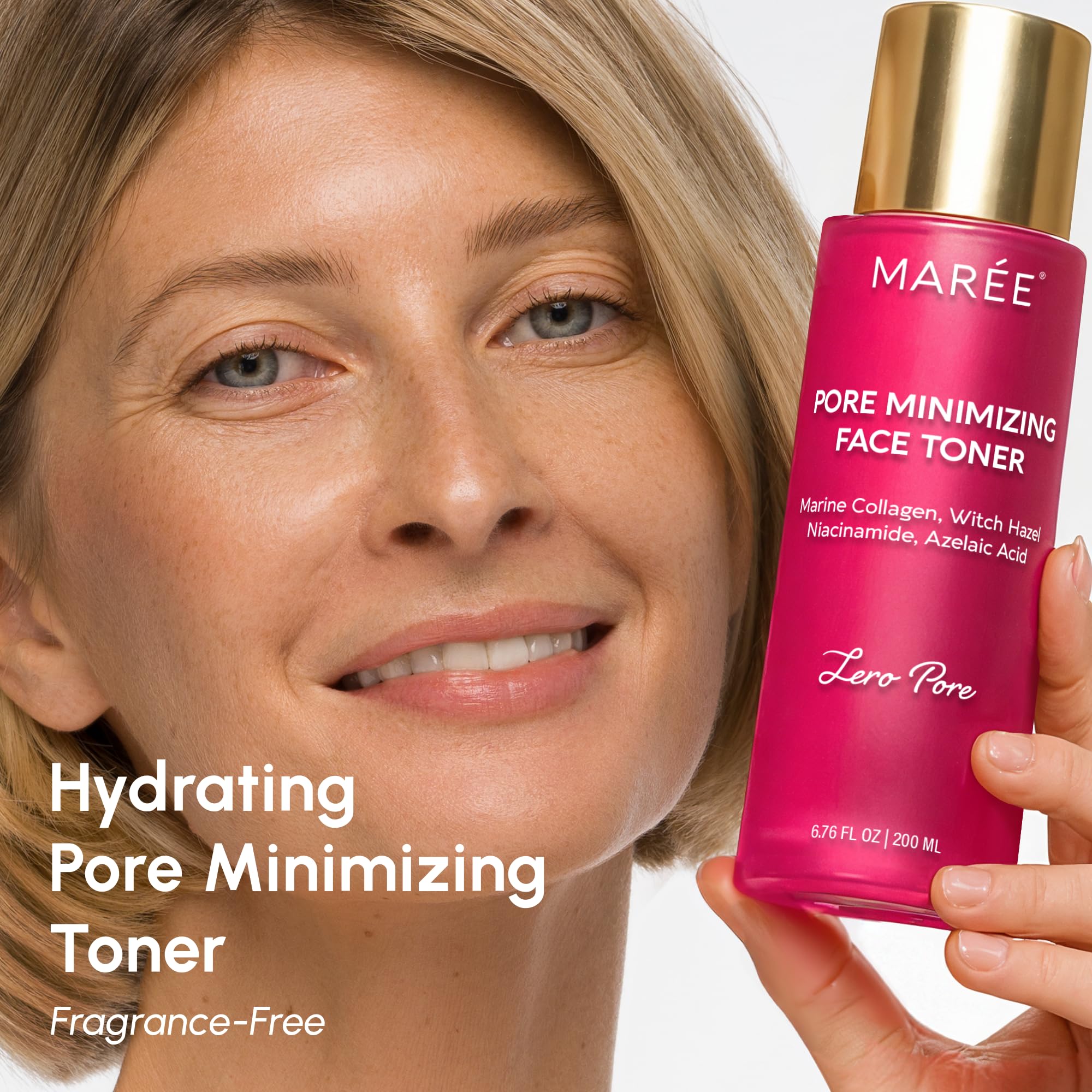 MAREE Witch Hazel Toner ingredients close-up highlighting clarifying properties.