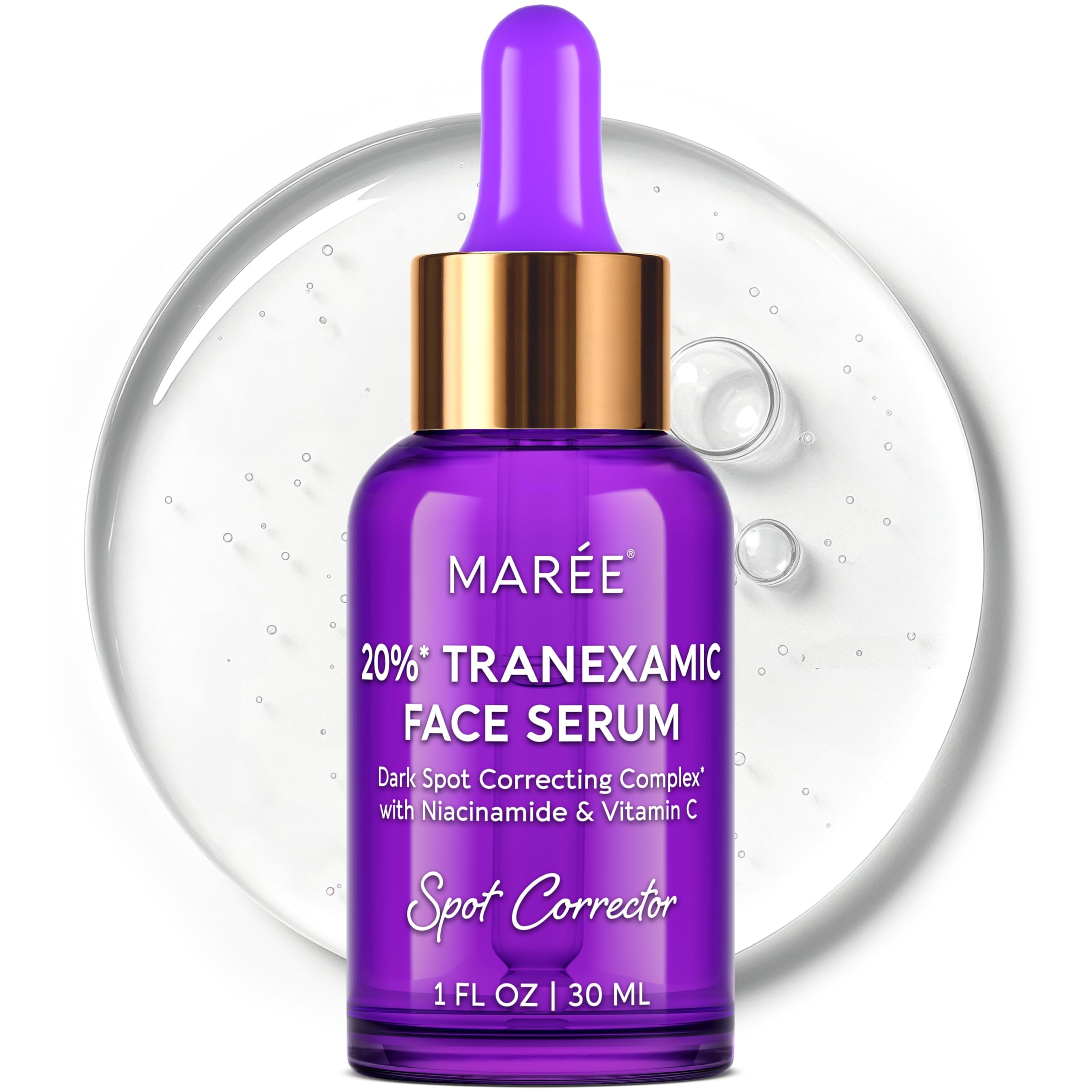 MAREE tranexamic acid serum bottle showing brightening formula for even skin tone