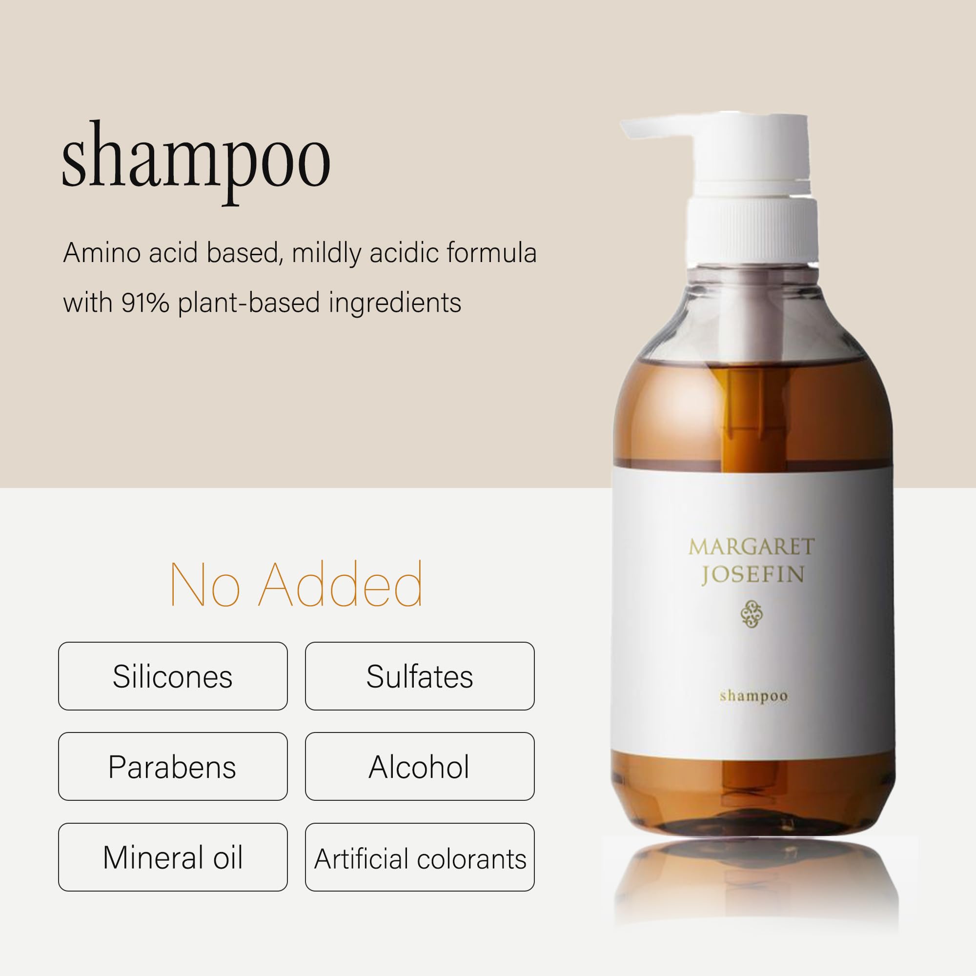 MARGARET JOSEFIN Japanese Shampoo free-from icons show no sulfates, parabens, alcohol, silicones