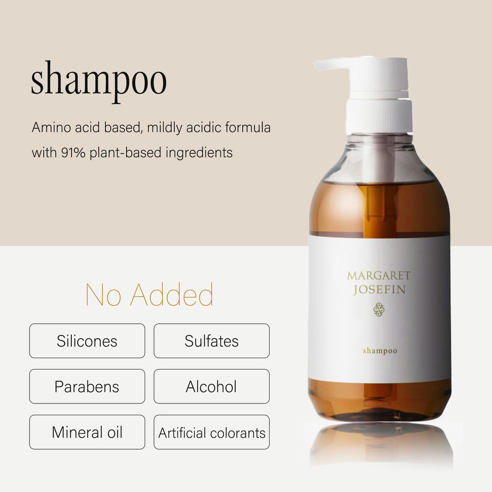 MARGARET JOSEFIN Japanese Shampoo free-from icons show no sulfates, parabens, alcohol, silicones