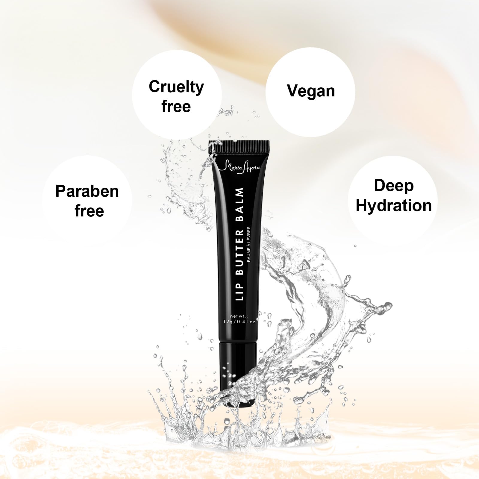 Hyaluronic acid in MARIA AYORA lip butter balm applied for moisture support.