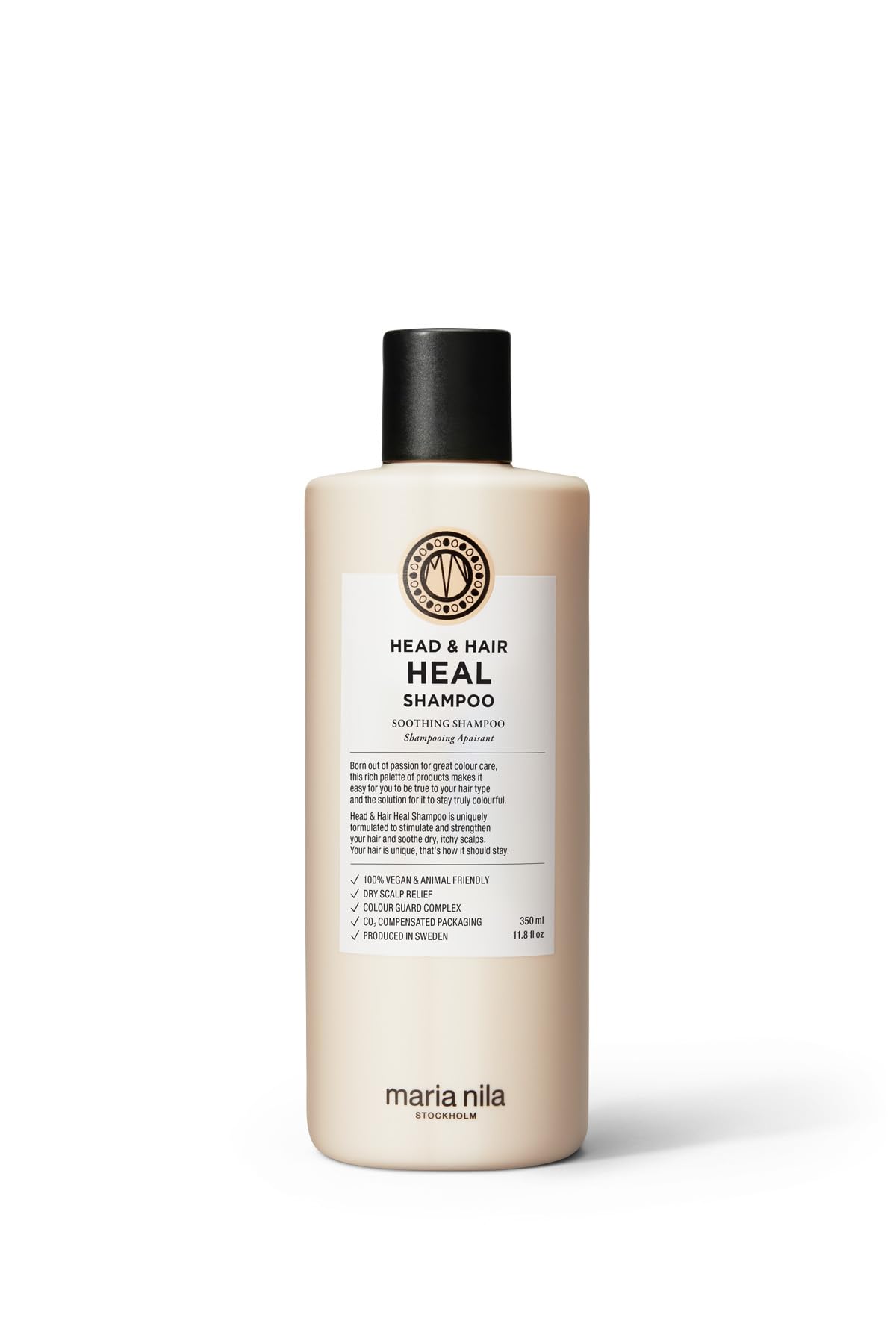 Maria Nila Head & Hair Heal Shampoo bottle front, soothing formula for dry scalp