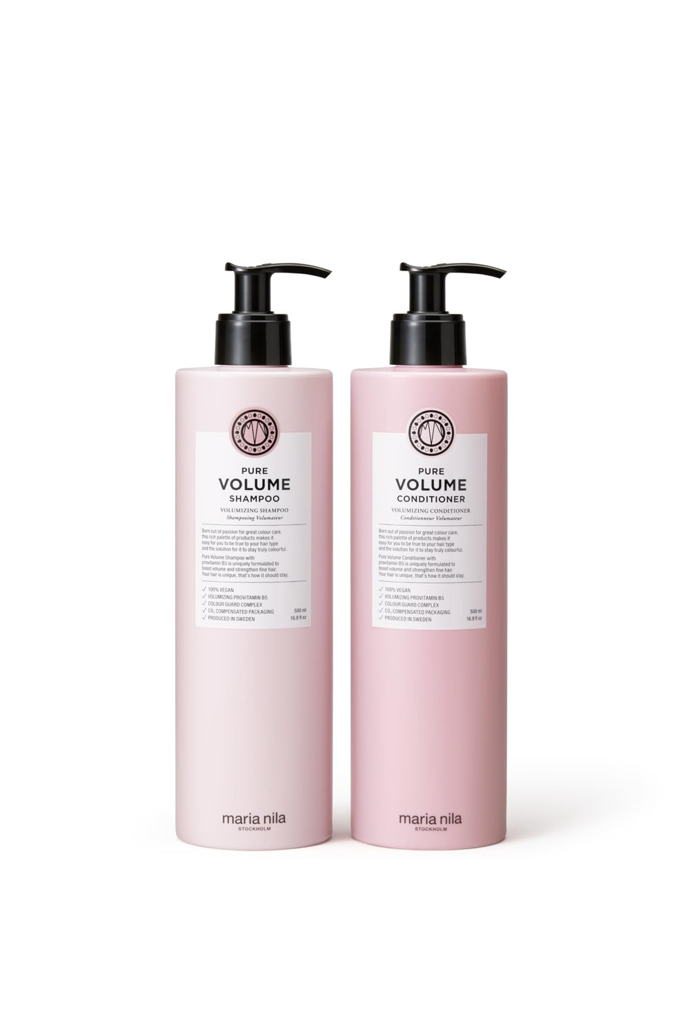 Maria Nila Pure Volume shampoo bottle for voluminous hair and vegan care.