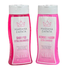 Mariana Zapata shampoo and conditioner bottle promotes shine and growth for all hair types