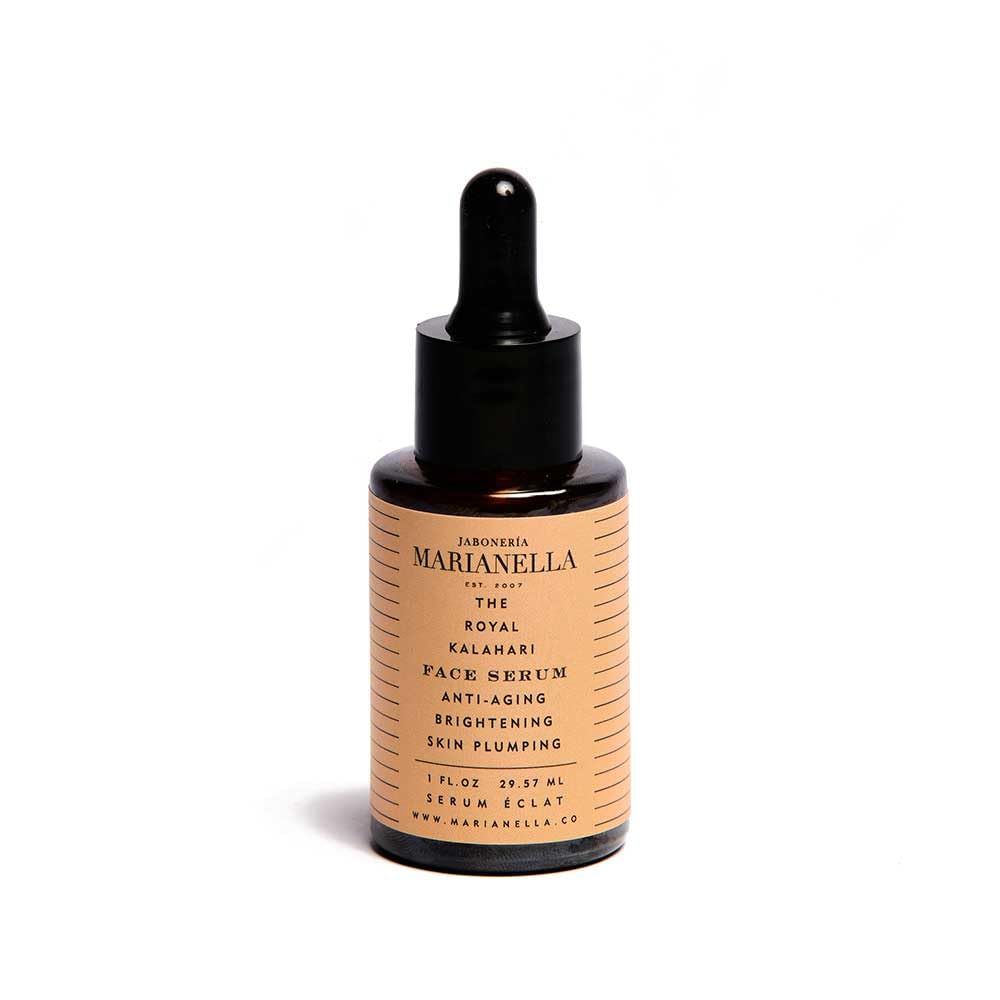 Jaboneria Marianella serum bottle shows royal kalahari formula for radiant, hydrated skin.