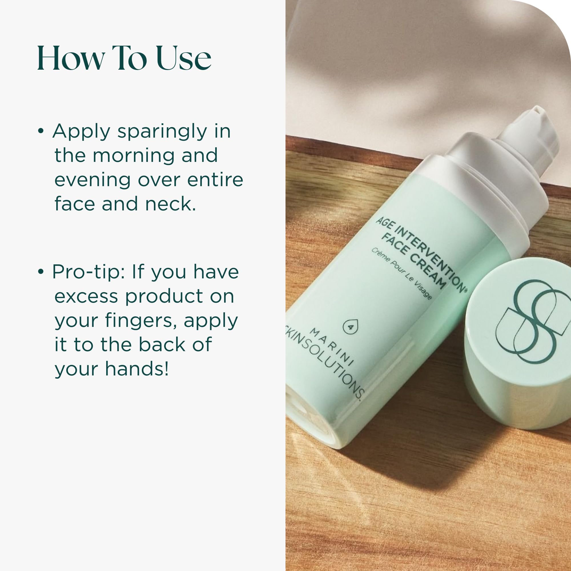 Marini SkinSolutions Age Intervention ingredients panel featuring CoQ10 and plant estrogens for skin support.