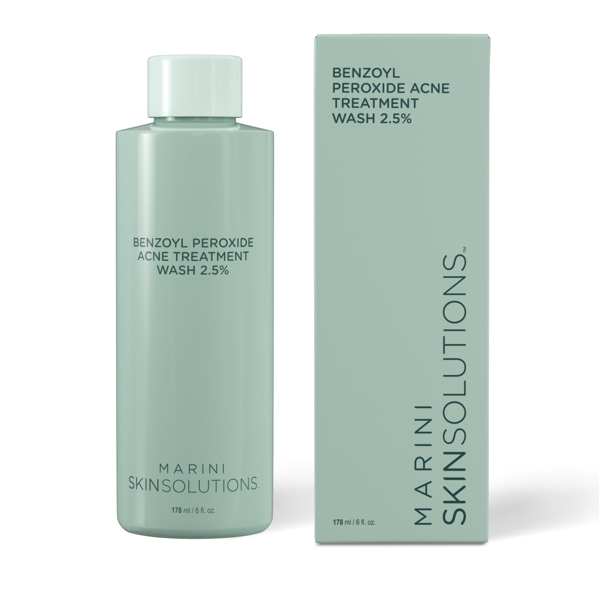Marini SkinSolutions benzoyl peroxide wash pump bottle close-up for acne-prone skin cleansing