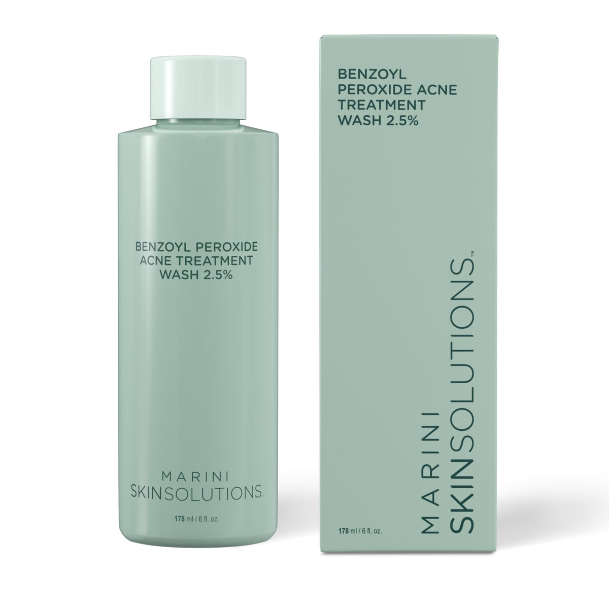 Marini SkinSolutions benzoyl peroxide wash pump bottle close-up for acne-prone skin cleansing