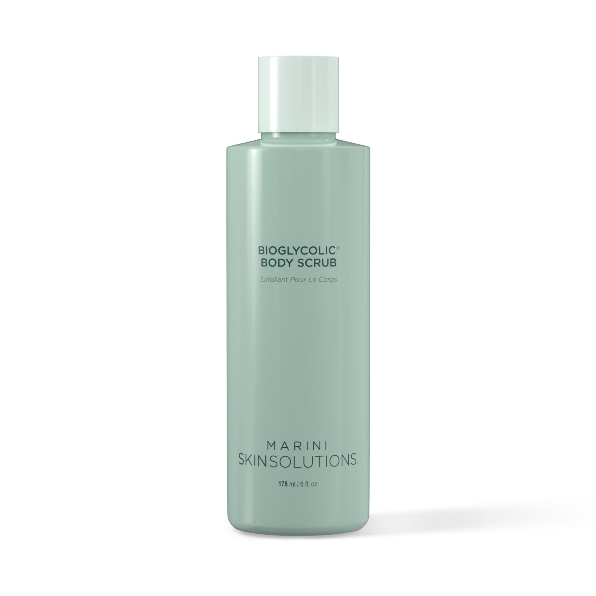 Marini SkinSolutions Bioglycolic Body Scrub bottle shows creamy exfoliant for smoother skin.