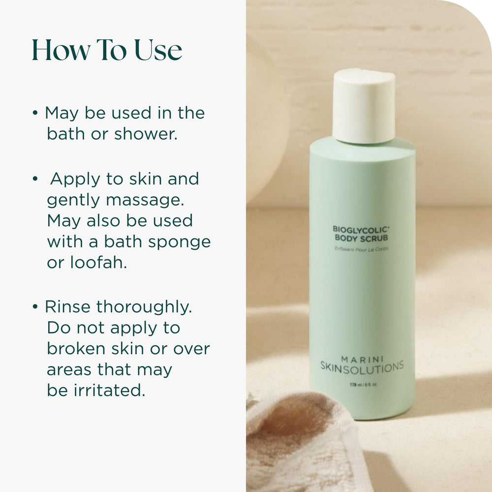 Marini SkinSolutions Bioglycolic Body Scrub exfoliation action targets arms and legs.