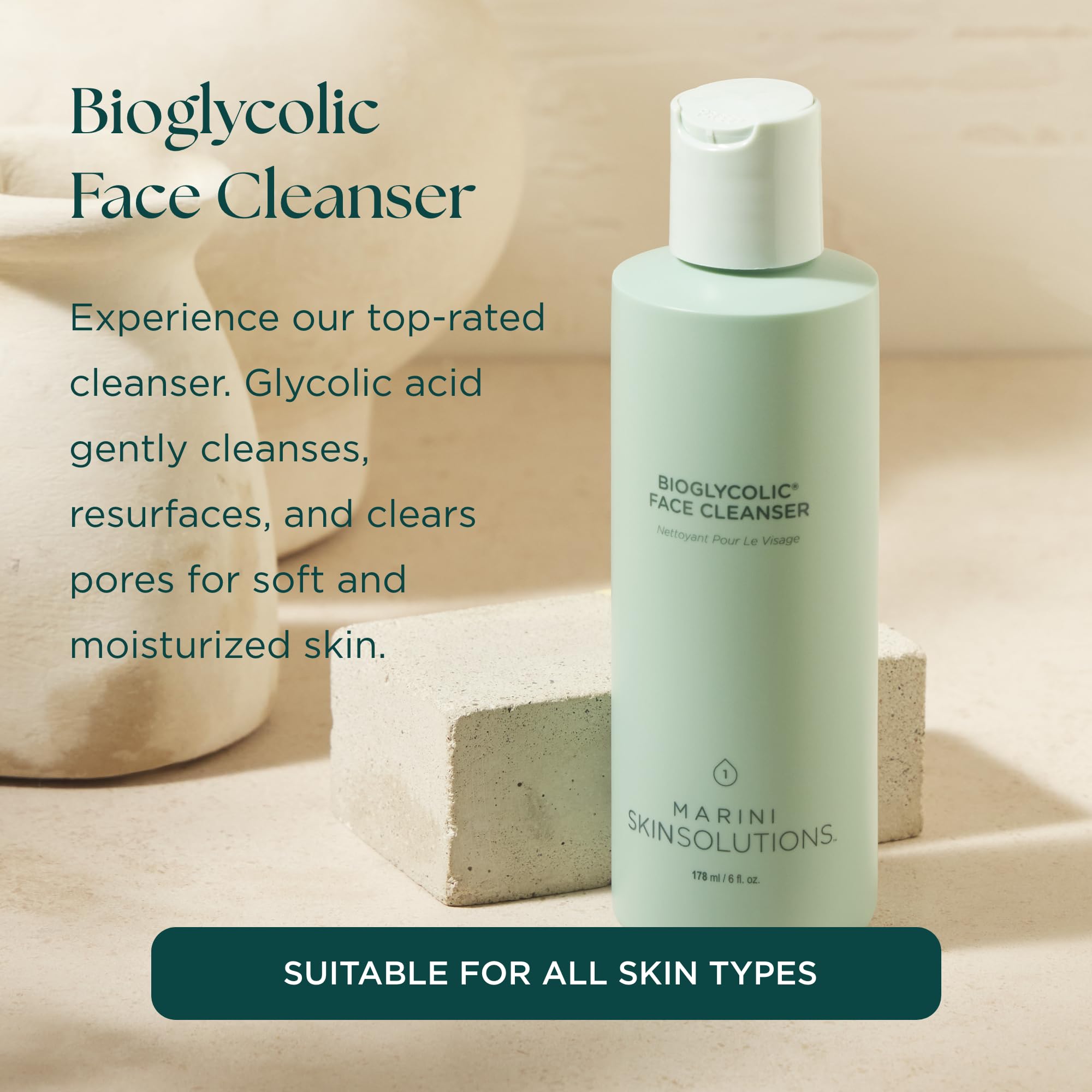 Closeup of Marini SkinSolutions Bioglycolic cleanser pour showing controlled application for exfoliation.