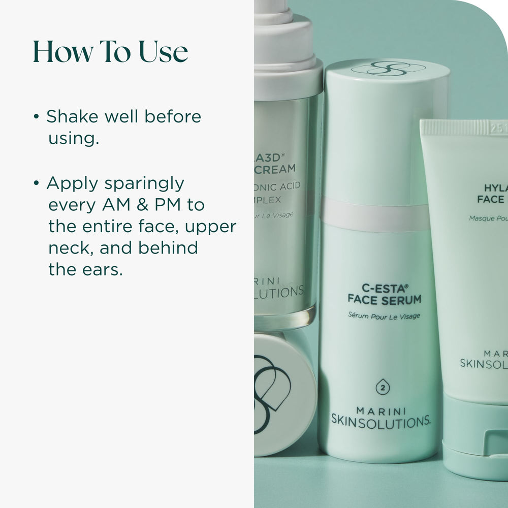 Marini SkinSolutions C-ESTA Serum application routine supports morning and evening use.