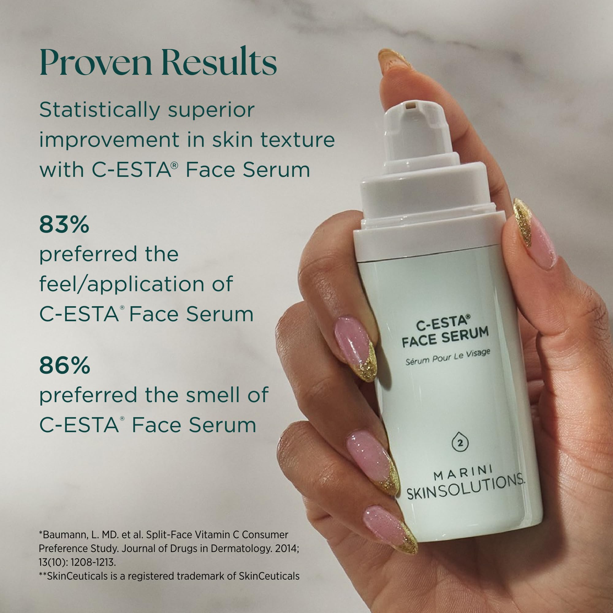 Marini SkinSolutions C-ESTA Serum texture closeup reveals lightweight hydration and smooth finish.