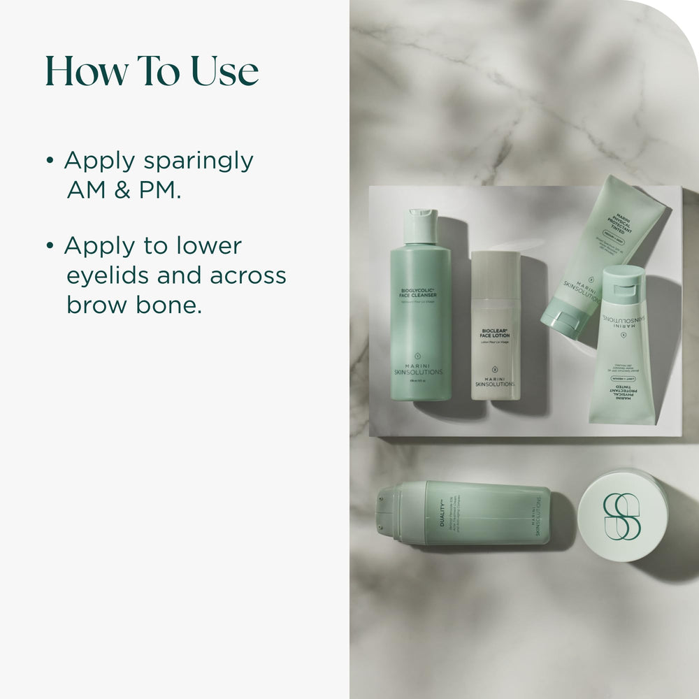 Hydration with hyaluronic acid from Marini SkinSolutions keeps eye area fresh.