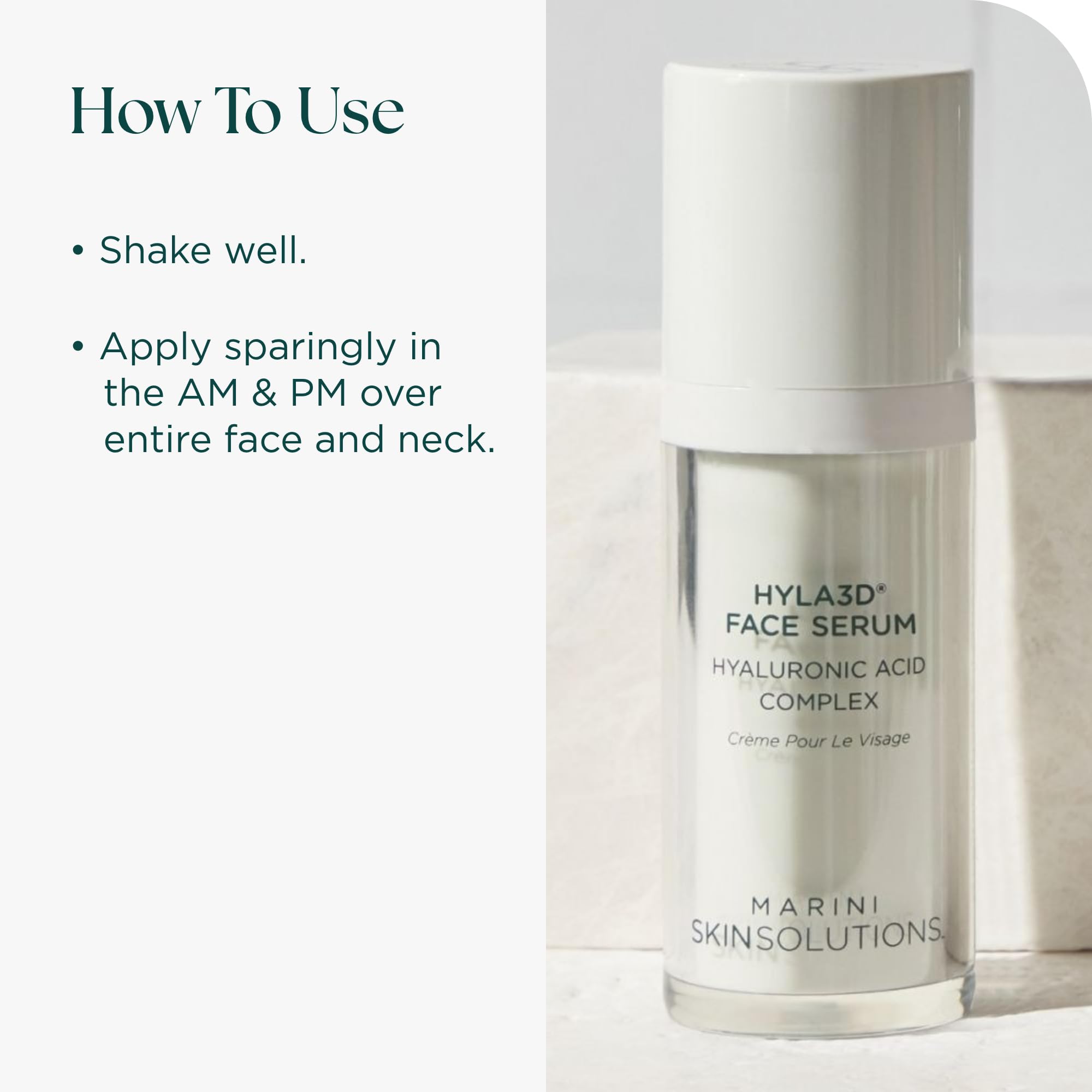 Marini SkinSolutions Hyla3D key ingredients overview featuring CoQ10 and LysLastine V for vitality.