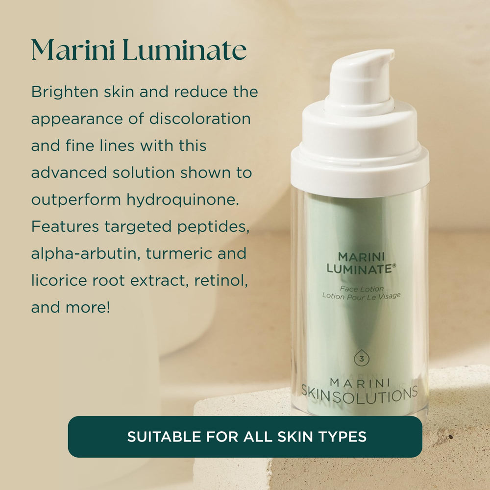 Marini Luminate lotion applied on cheek for even tone and subtle glow