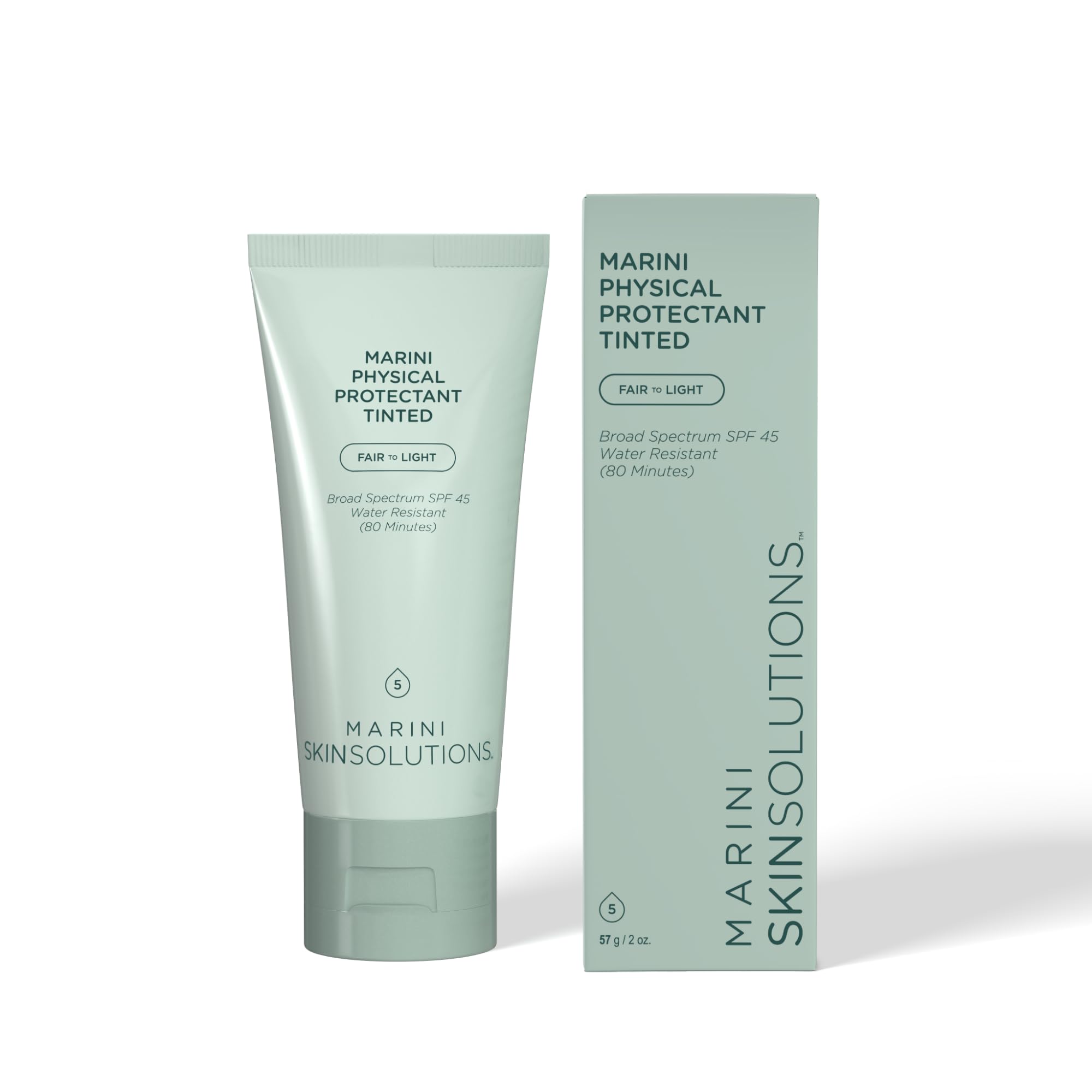 Marini SkinSolutions Physical Protectant Tinted bottle showing oil-control and SPF 45 for daily wear.