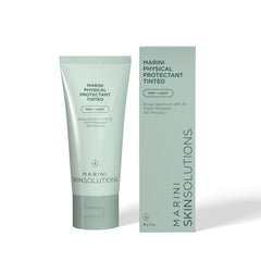 Marini SkinSolutions Physical Protectant Tinted bottle showing oil-control and SPF 45 for daily wear.