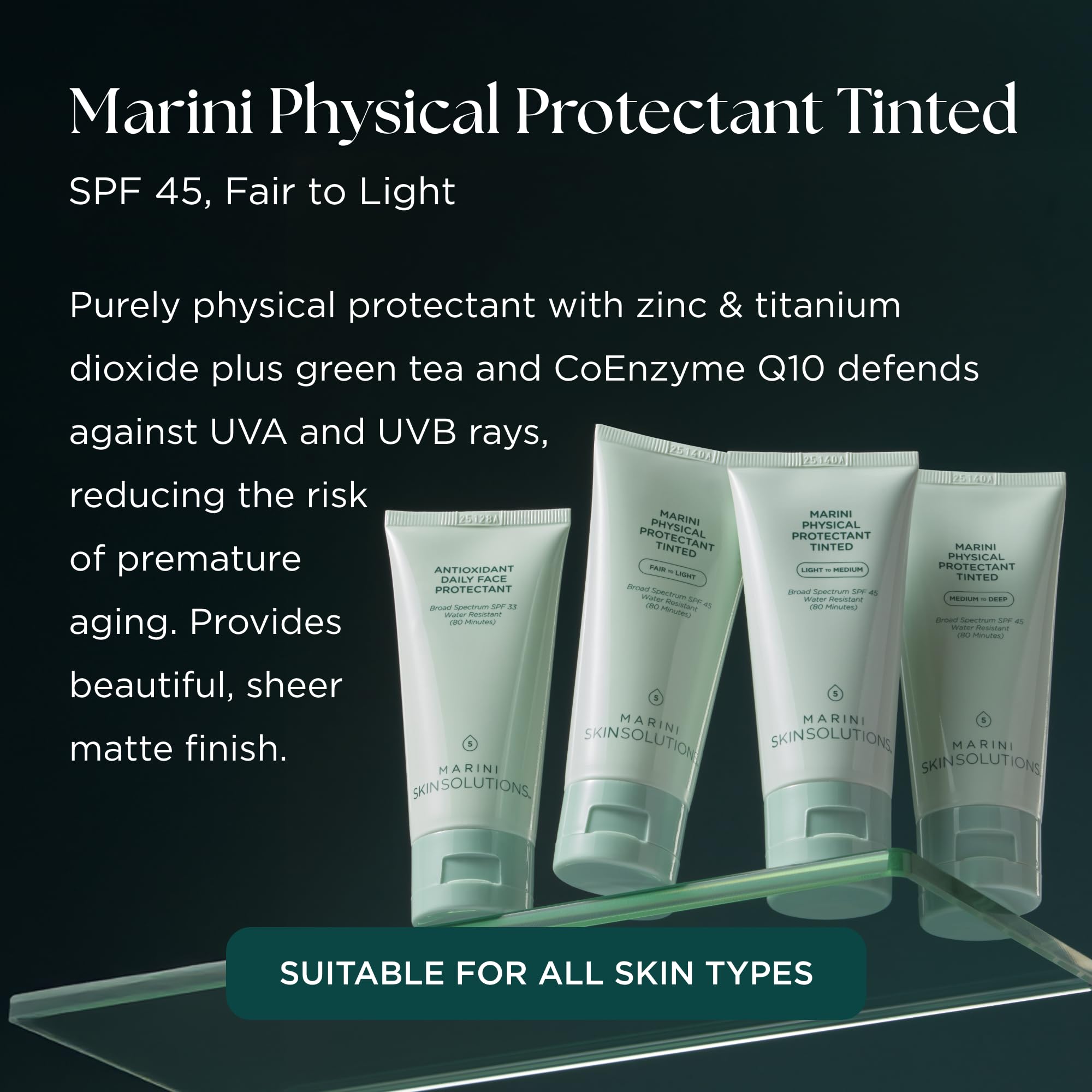 Marini SkinSolutions tinted sunscreen swatch demonstrating sheer coverage with a soft-matte finish.
