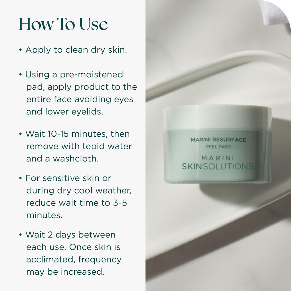 Marini SkinSolutions ResurFace pad emphasizing lactic acid for gentle glow.