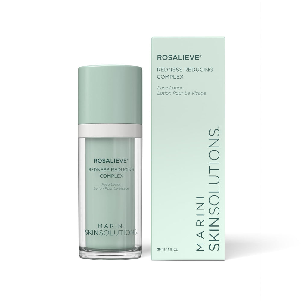 Marini SkinSolutions RosaLieve redness-reducing lotion bottle pump helps soothe facial redness.