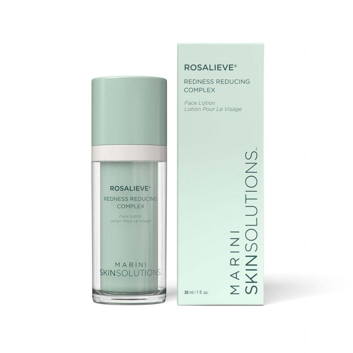 Marini SkinSolutions RosaLieve redness-reducing lotion bottle pump helps soothe facial redness.