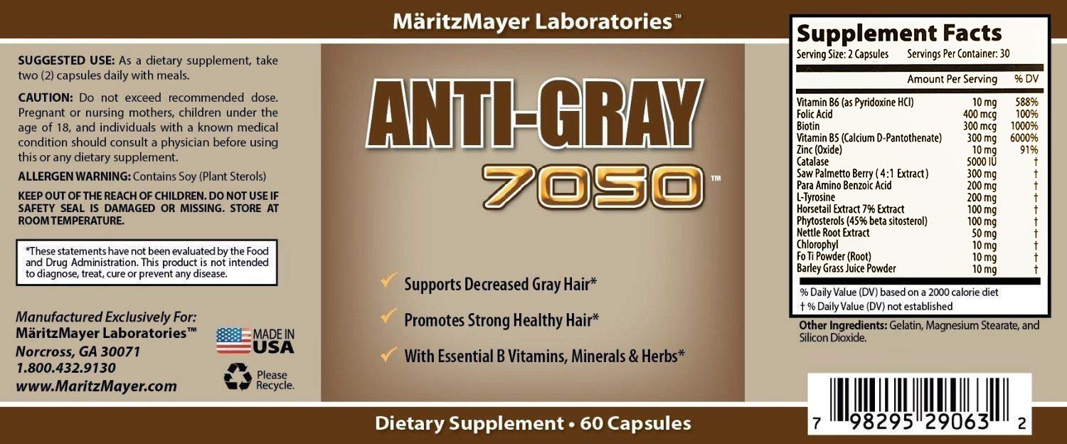 Anti Gray Hair 7050 capsules closeup emphasizes essential nutrients for follicles