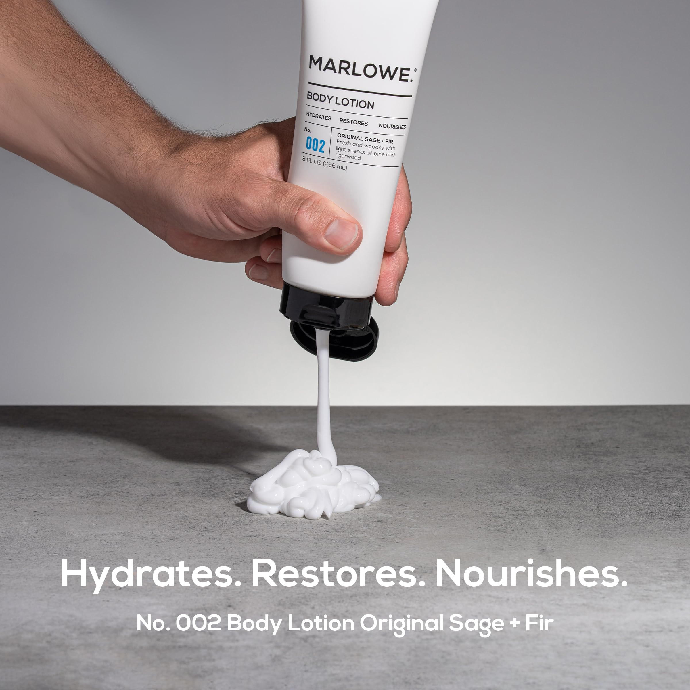 MARLOWE No. 002 Sage and Fir bottle pour, fast absorbing texture.