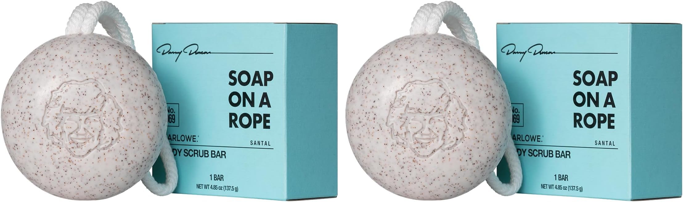 MARLOWE No. 069 soap on a rope display shows exfoliation benefits for smoother skin.