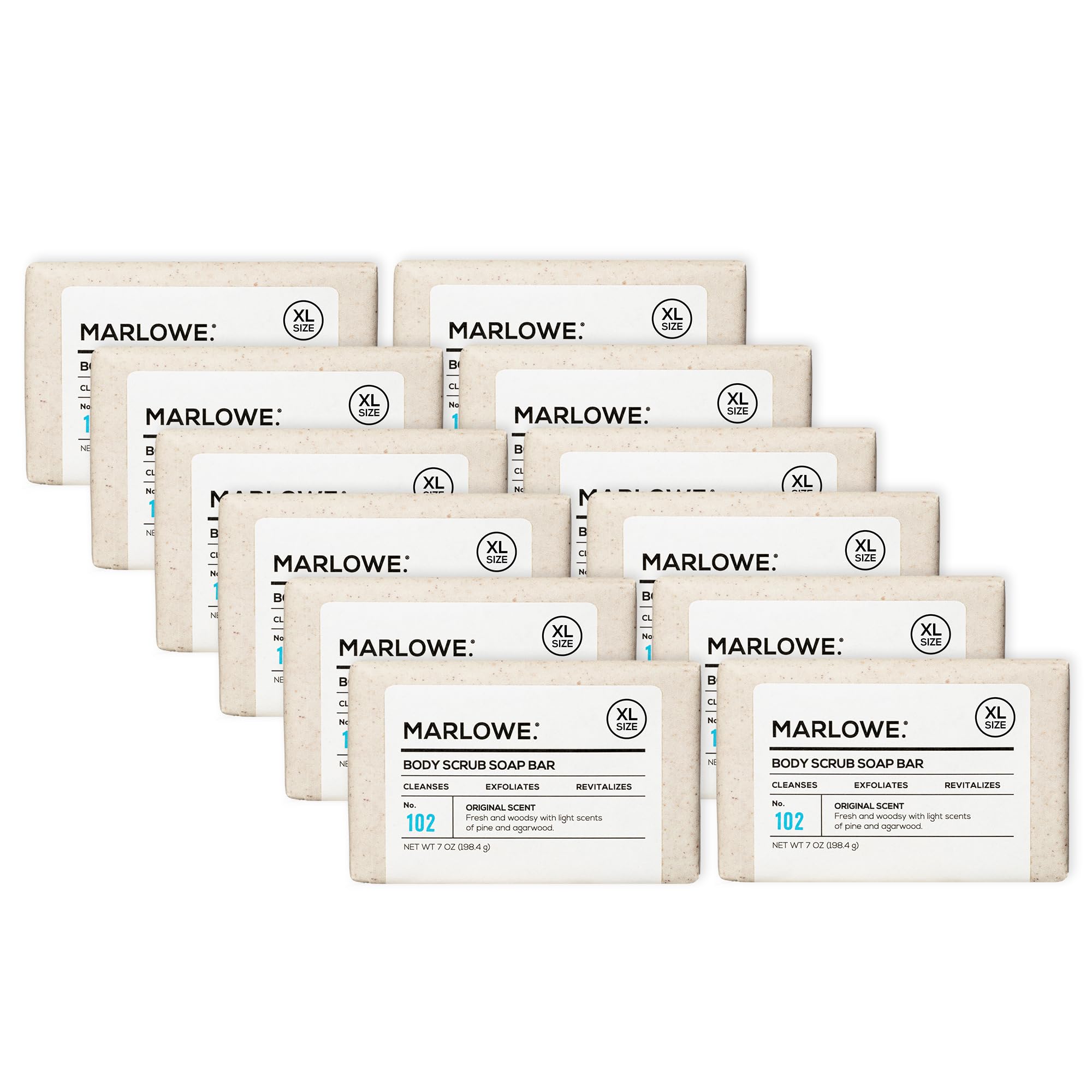 Marlowe No. 102 sage and fir scrub bar with pumice for smoother skin.