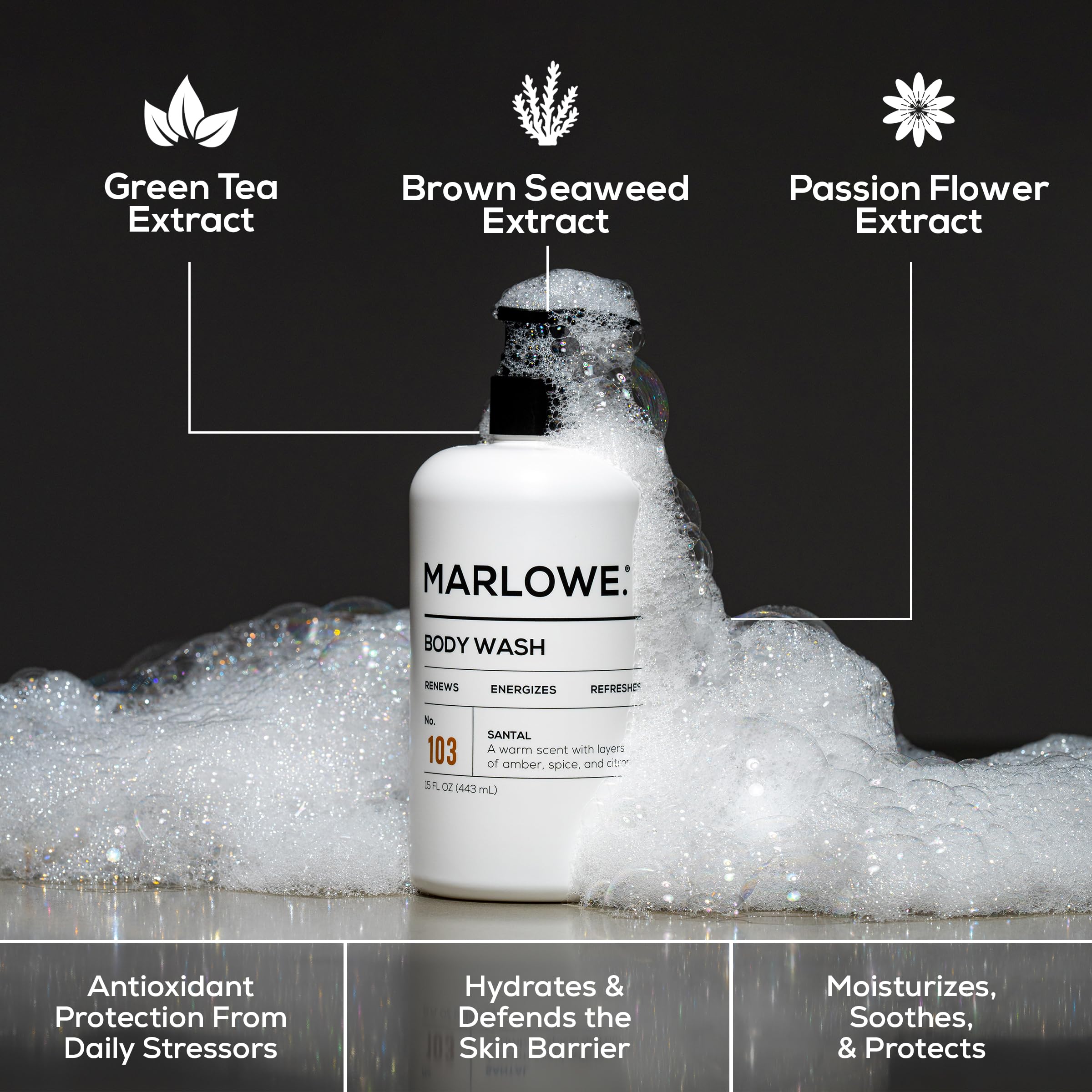 MARLOWE No. 103 energizing foam lather promotes daily revitalization.