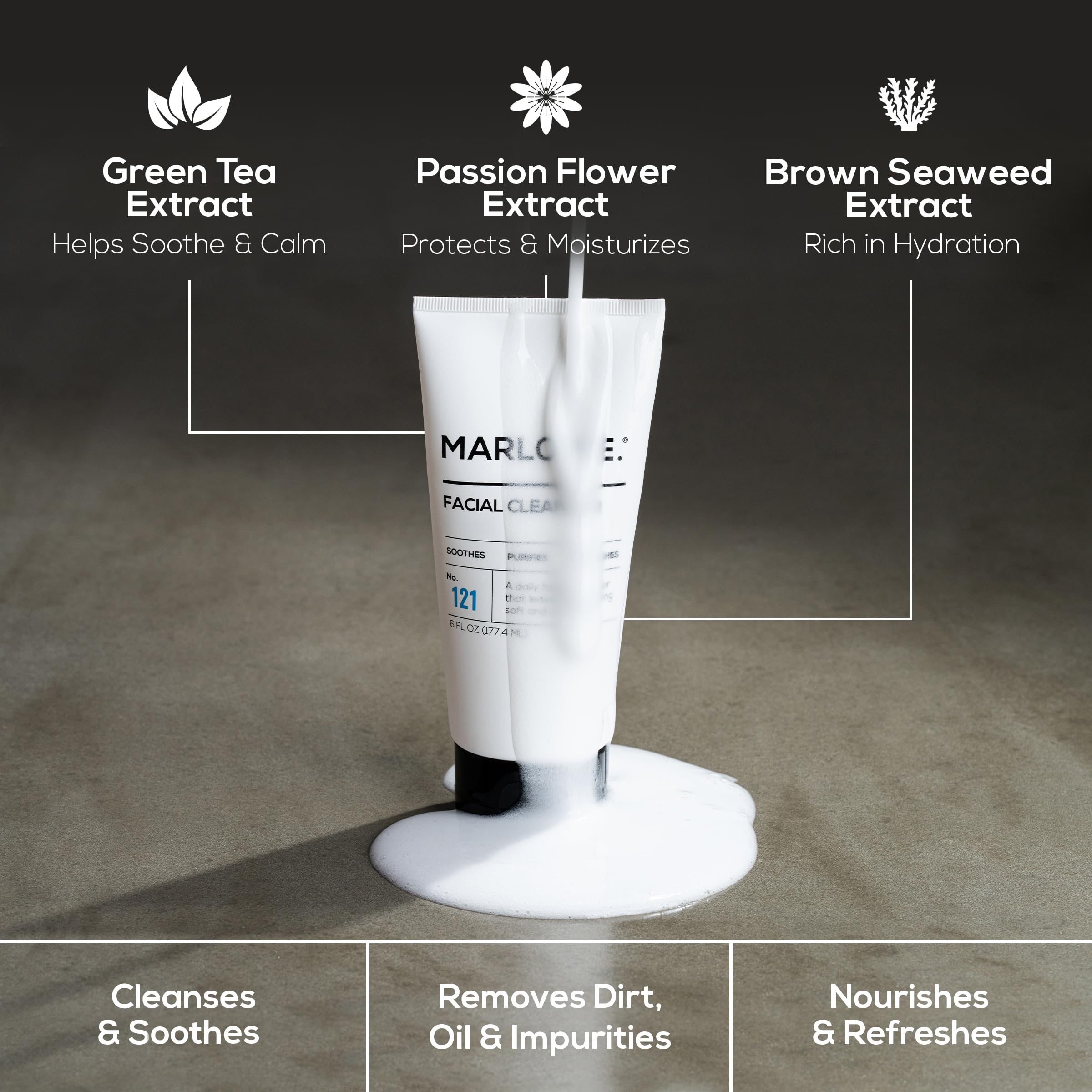 MARLOWE No. 121 ingredient panel highlights natural extracts and antioxidants