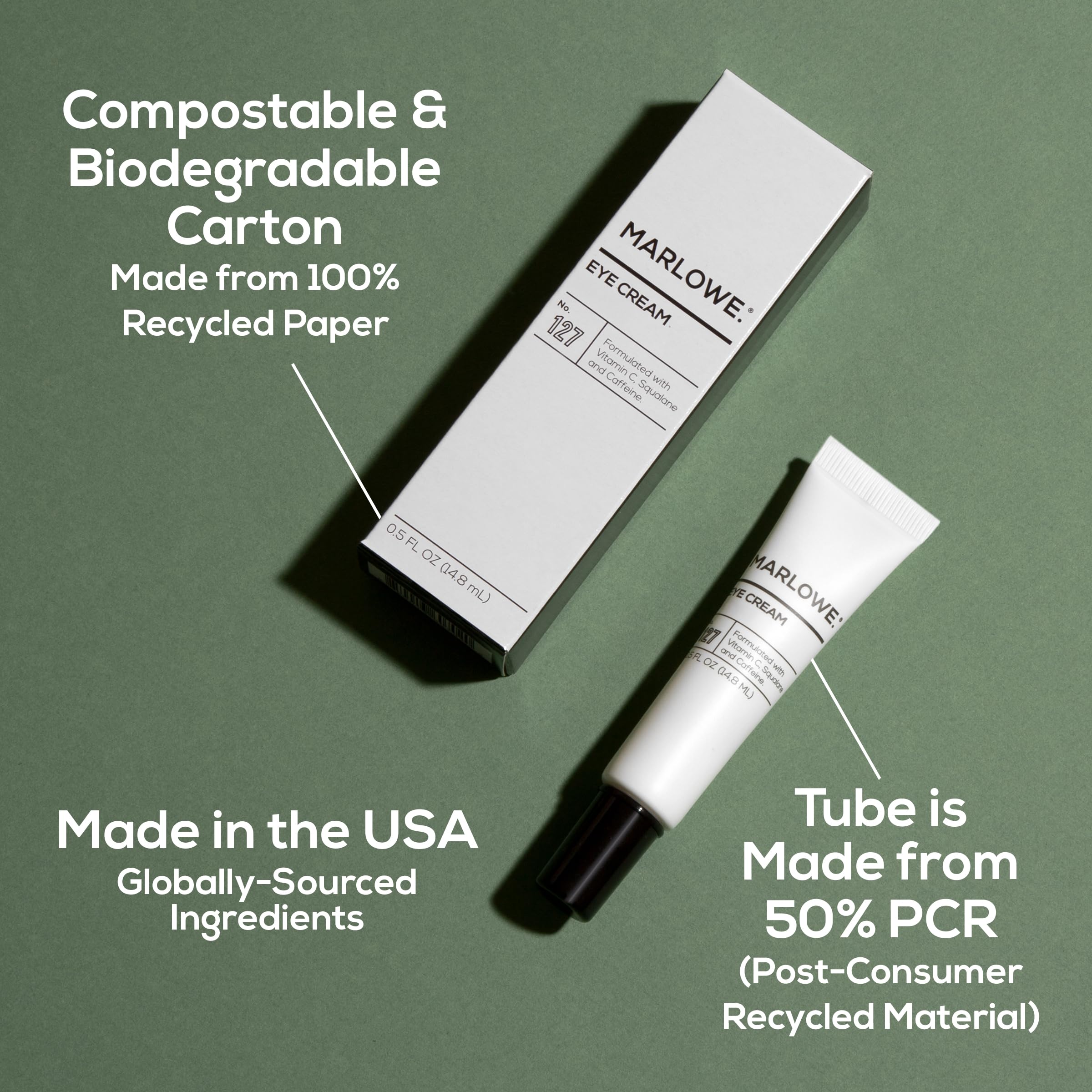 MARLOWE No. 127 eye cream on desk with green leaves