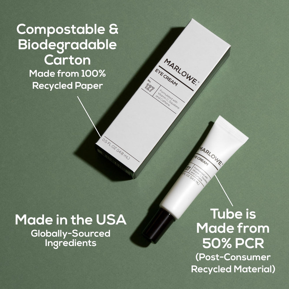 MARLOWE No. 127 eye cream on desk with green leaves
