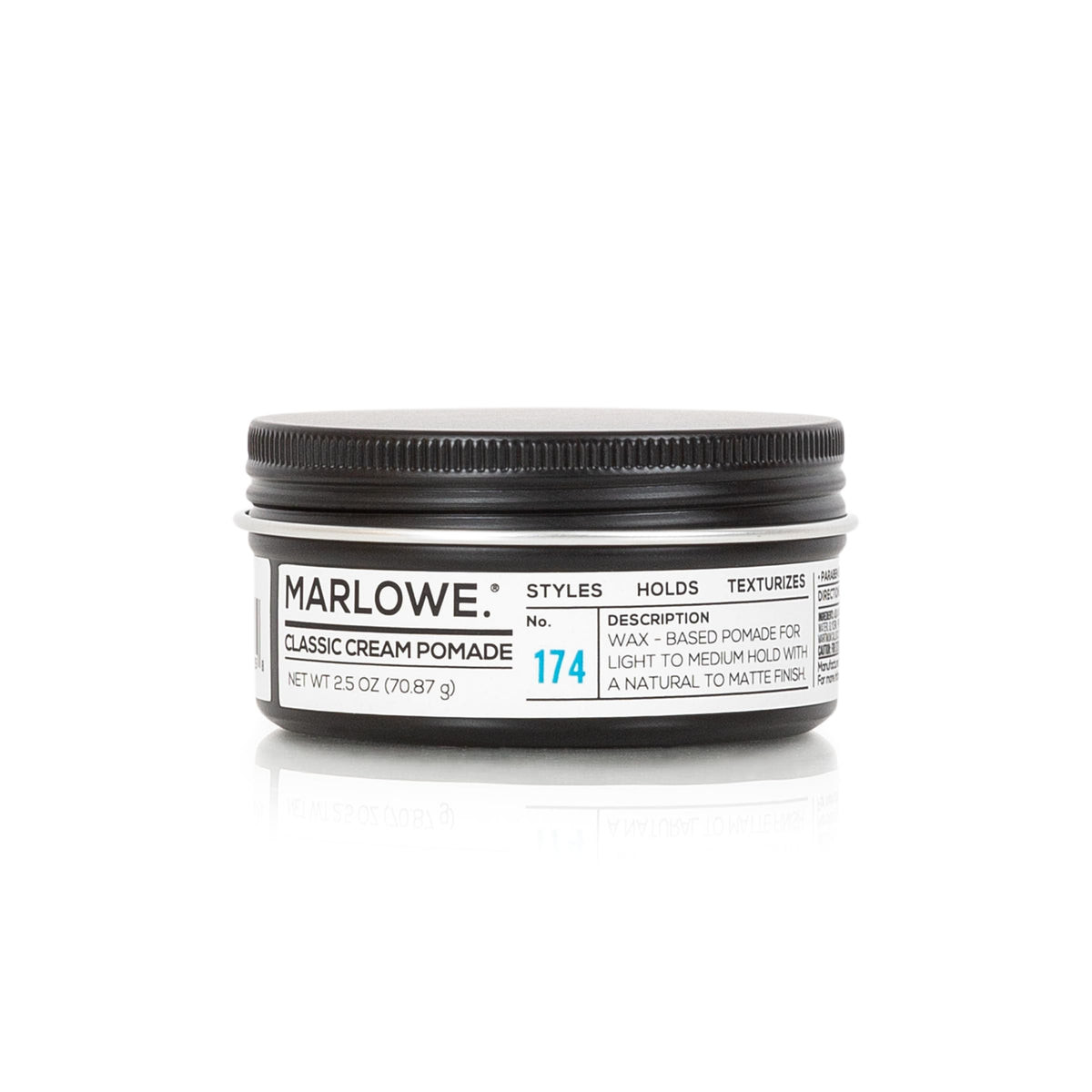 Marlowe No. 174 pomade jar front with classic design and conditioning formula.