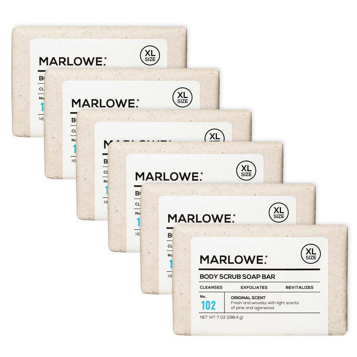 MARLOWE No. 102 body scrub bar close-up showing pumice for exfoliating dry skin.
