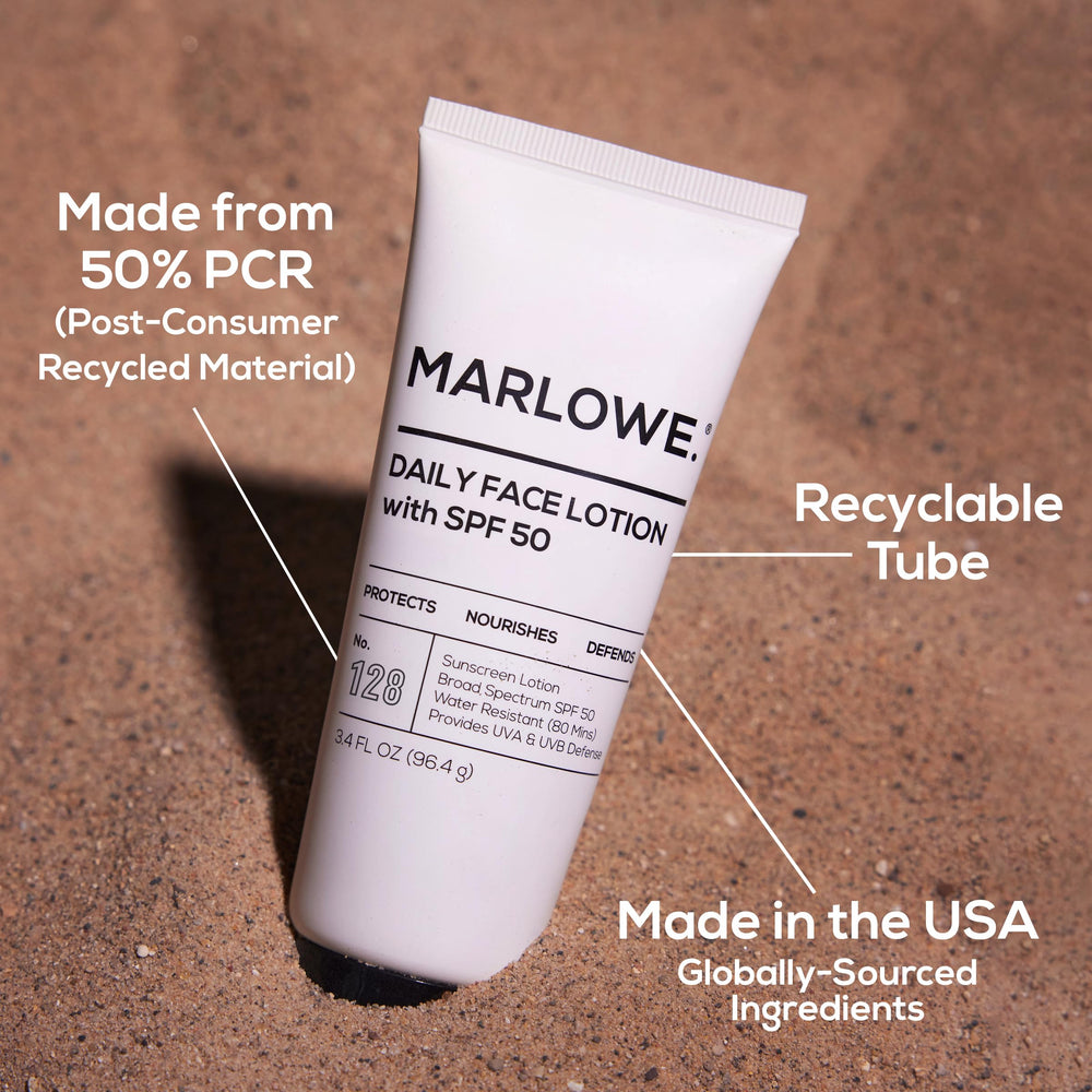 MARLOWE No. 128 SPF 50 cream being applied for even coverage.