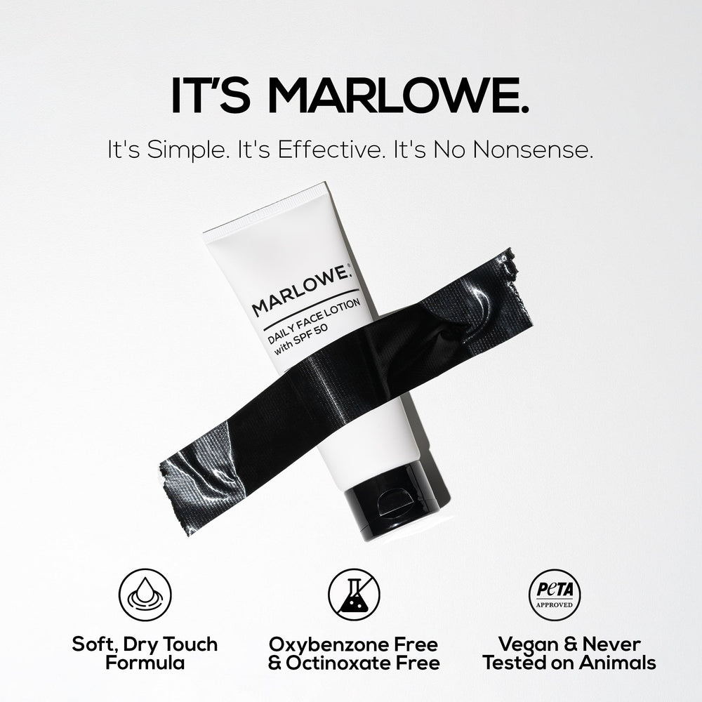 MARLOWE No. 128 SPF 50 ingredient swatch shows aloe vera and shea butter.