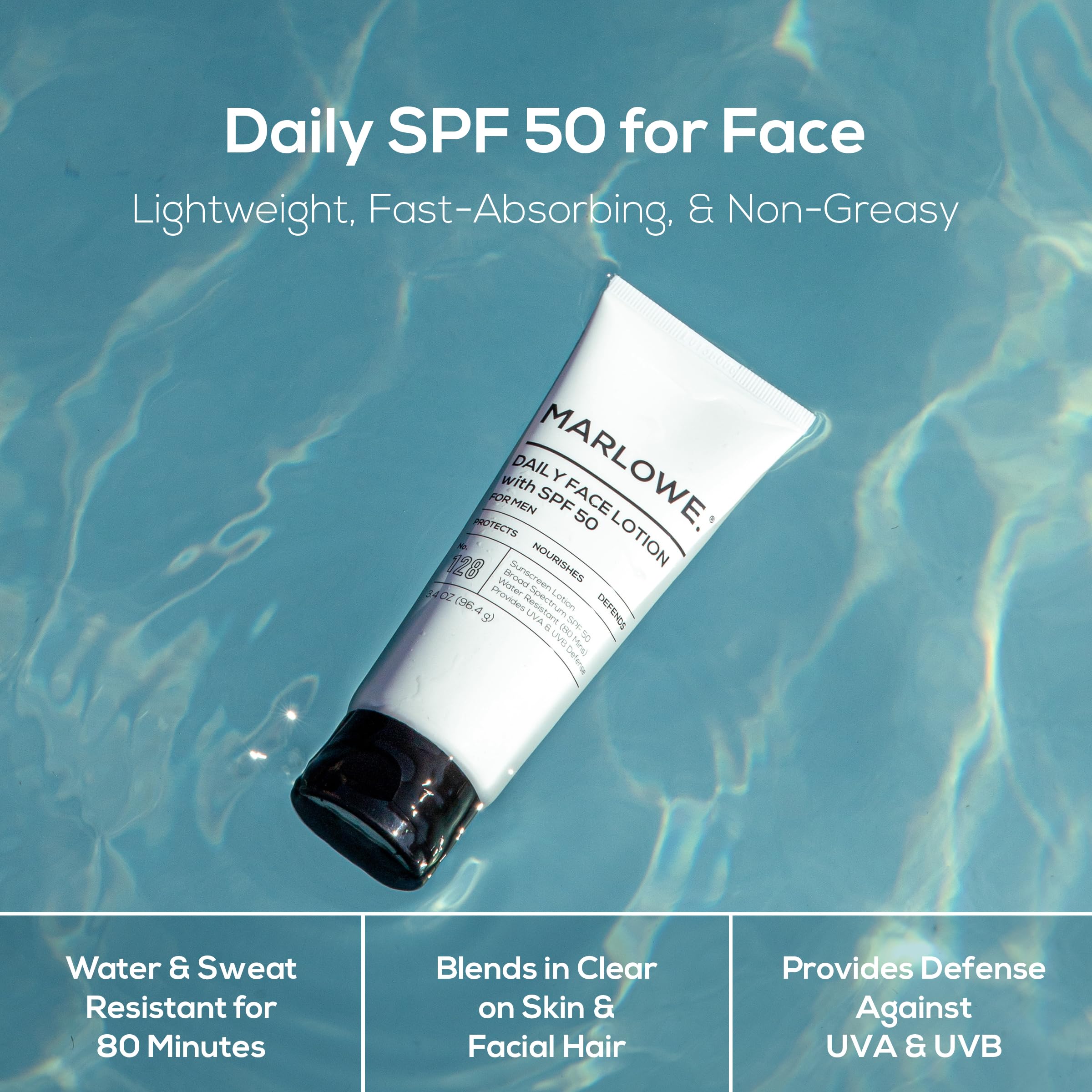 MARLOWE No. 128 SPF 50 packaging box emphasizes vegan USA-made claim.