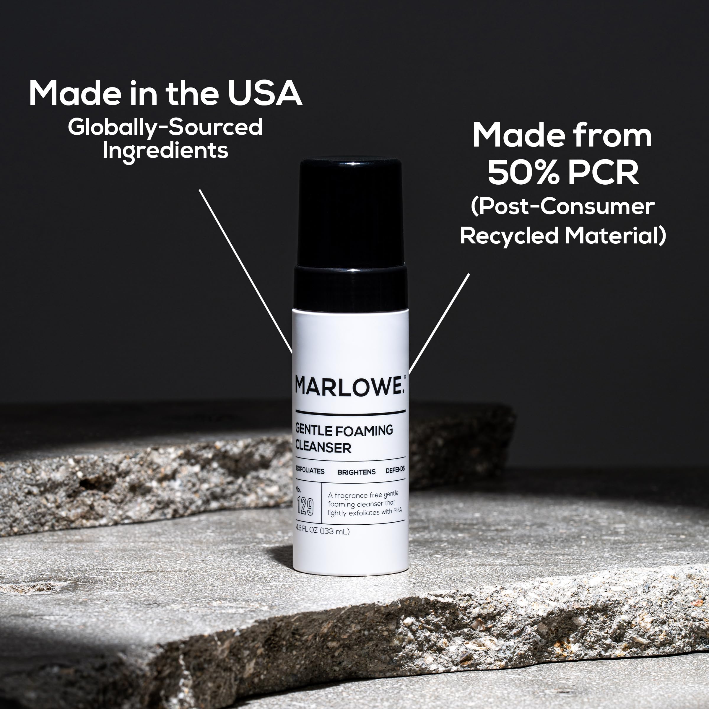 MARLOWE No. 129 USA-made label emphasizes premium ingredients.