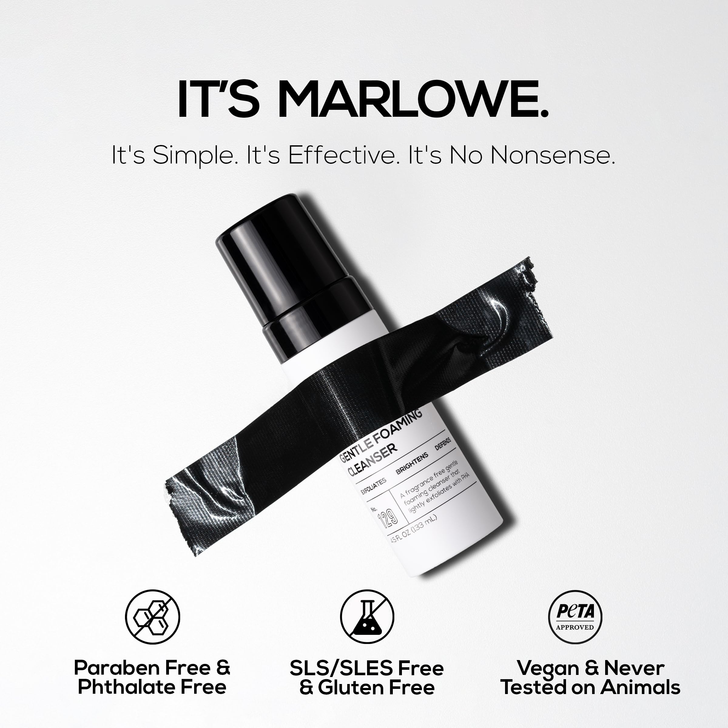 MARLOWE No. 129 vegan and cruelty-free symbol signals ethical skincare.