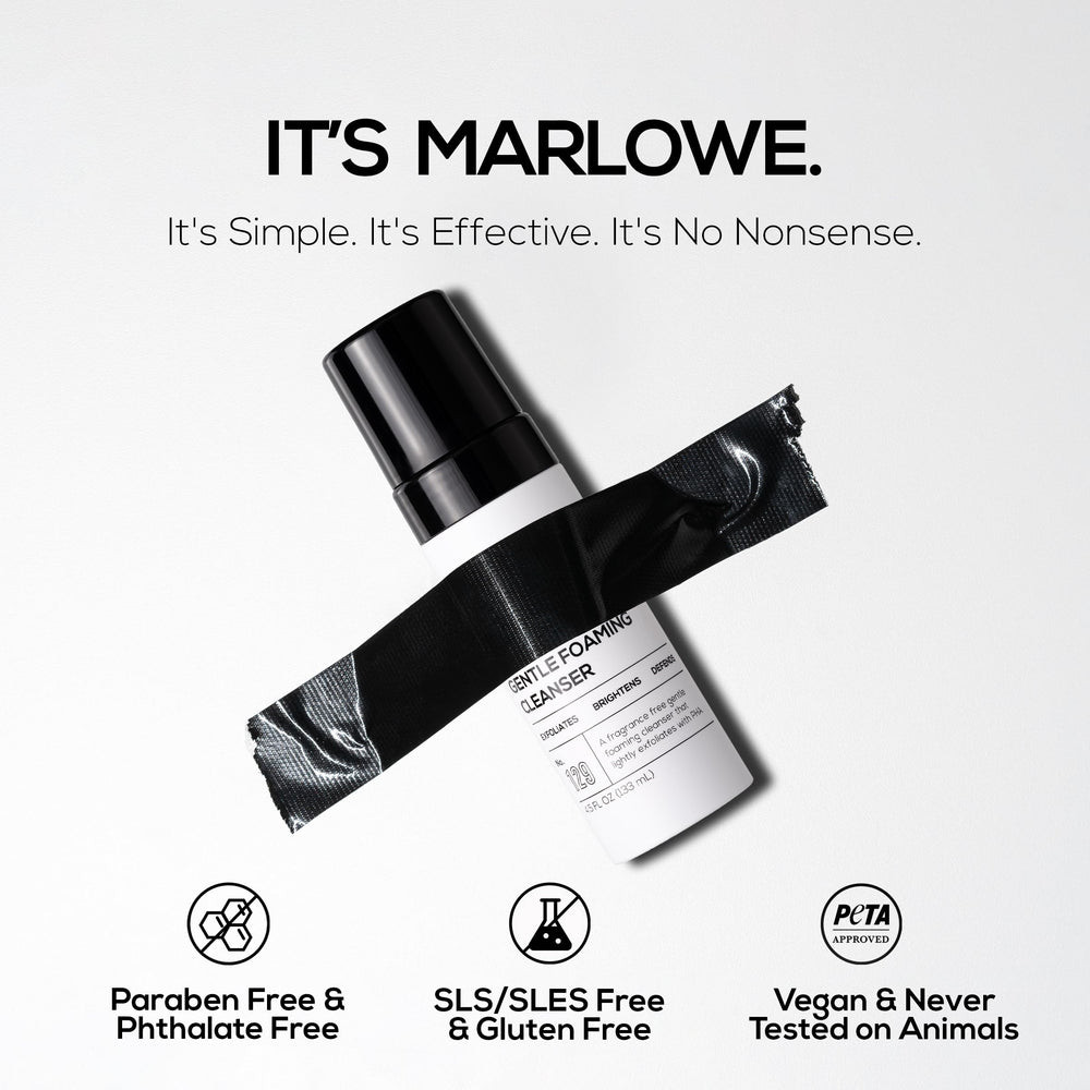 MARLOWE No. 129 vegan and cruelty-free symbol signals ethical skincare.